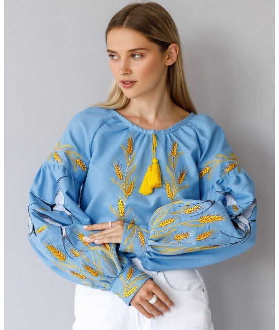 Women's embroidered blouse with swallows and ears of wheat
