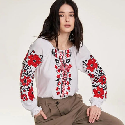 Women's embroidered shirt with red and black ornamentation