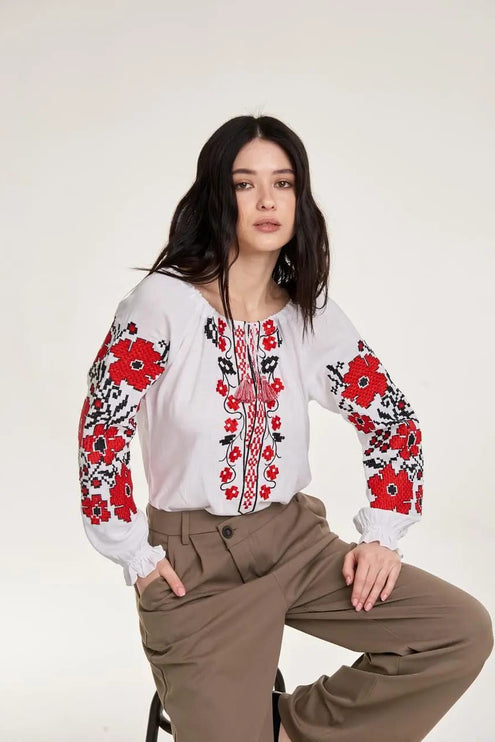 Women's embroidered shirt with red and black ornamentation