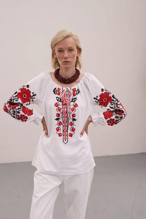 Women's embroidered shirt with red and black ornamentation