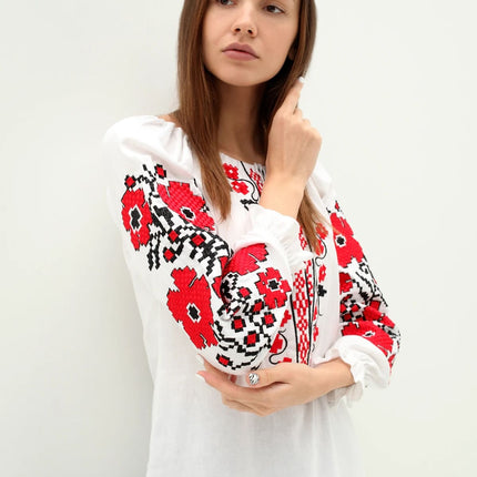 Women's embroidered shirt with red and black ornamentation