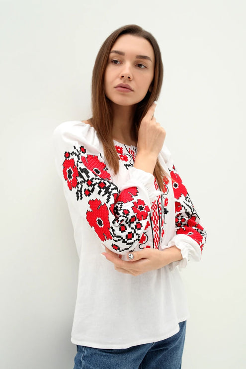 Women's embroidered shirt with red and black ornamentation