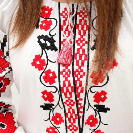 Women's embroidered shirt with red and black ornamentation