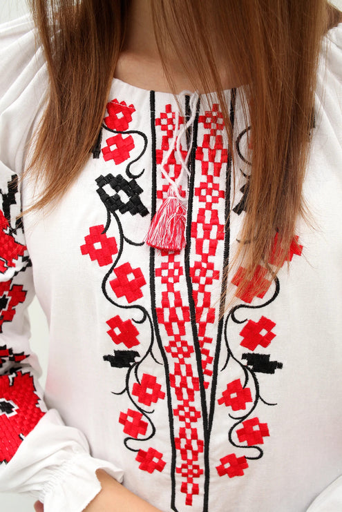 Women's embroidered shirt with red and black ornamentation