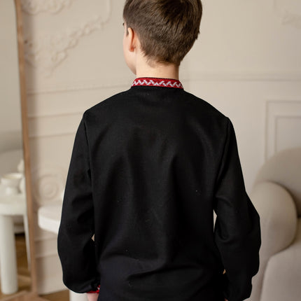 Black Ukrainian vyshyvanka for boys with red embroidery