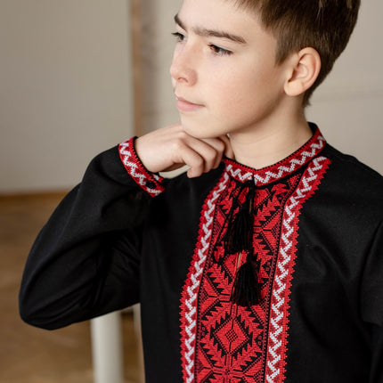 Black Ukrainian vyshyvanka for boys with red embroidery