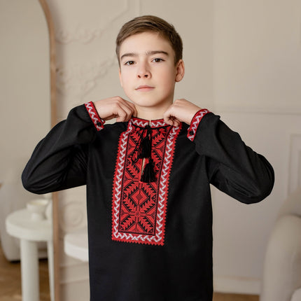 Black Ukrainian vyshyvanka for boys with red embroidery