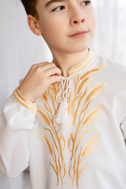 Boy's Ukrainian shirt with golden wheat embroidery