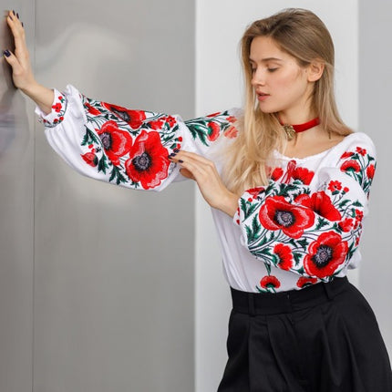 Female embroidered blouse with poppies