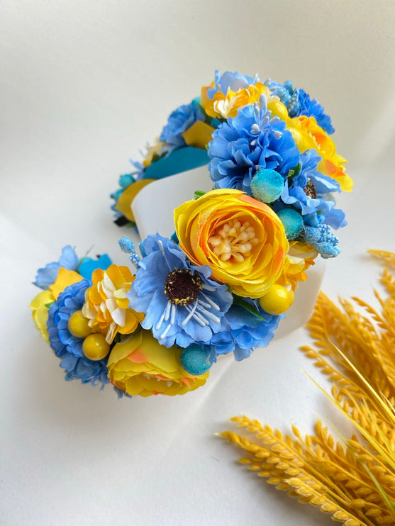 Handmade head wreath in blue and yellow colors