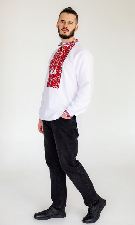 Men’s Ukrainian shirt with red geometric embroidery