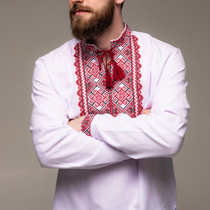 Men’s Ukrainian vyshyvanka shirt with red and black geometric embroidery