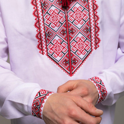 Men’s Ukrainian vyshyvanka shirt with red and black geometric embroidery