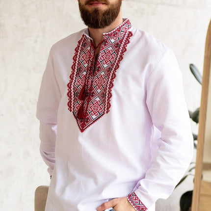Men’s Ukrainian vyshyvanka shirt with red and black geometric embroidery