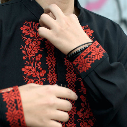 Men's vyshyvanka with red embroidery on black