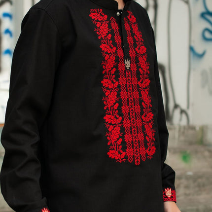 Men's vyshyvanka with red embroidery on black