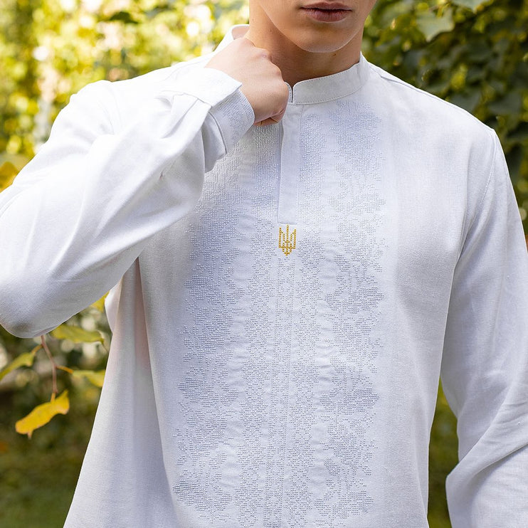 Men's embroidered shirt in Ukrainian style with an embroidered coat of arms