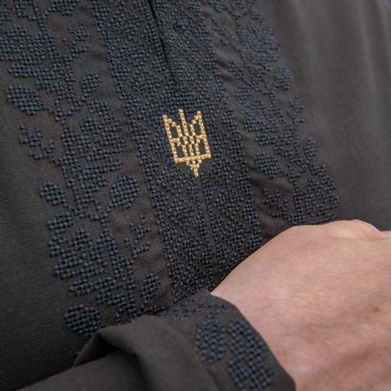 Stylish men's single-color embroidered shirt with the emblem of Ukraine