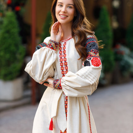 Traditional Ukrainian embroidered linen dress with snap buttons