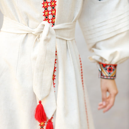 Traditional Ukrainian embroidered linen dress with snap buttons