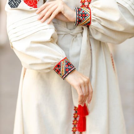 Traditional Ukrainian embroidered linen dress with snap buttons