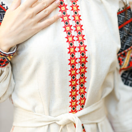 Traditional Ukrainian embroidered linen dress with snap buttons