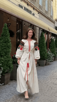 Traditional Ukrainian embroidered linen dress with snap buttons