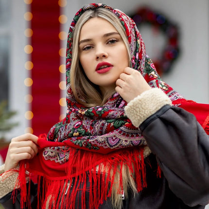 Traditional shawl with flowers and fringe