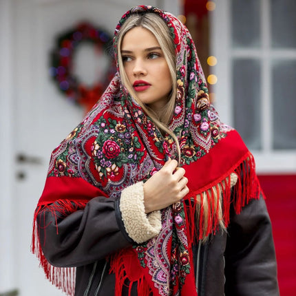 Traditional shawl with flowers and fringe