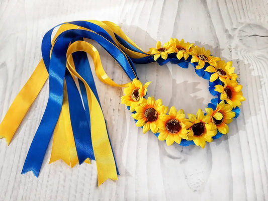 Ukrainian vinok of sunflowers and cornflowers