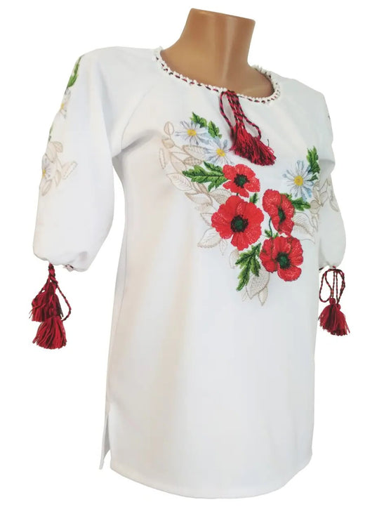 Ukrainian embroidered blouse with a floral ornament of poppy-chamomile