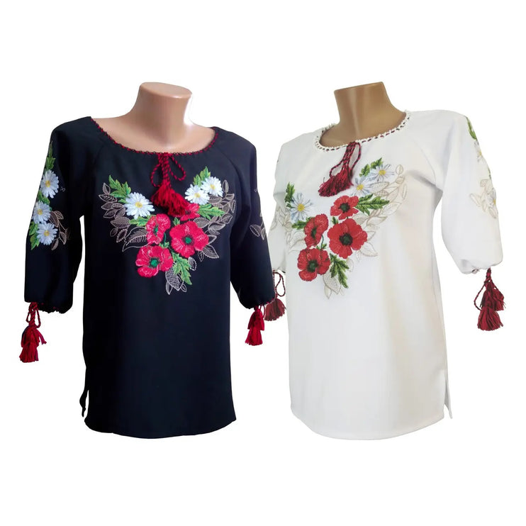 Ukrainian embroidered blouse with a floral ornament of poppy-chamomile