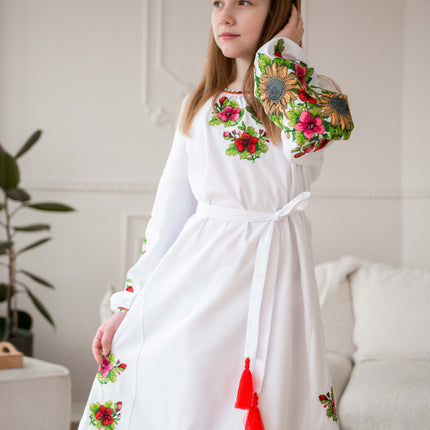 White girl's embroidered dress with sunflowers