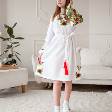 White girl's embroidered dress with sunflowers