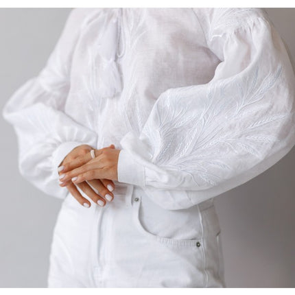 White women's blouse with embroidered wheat ears