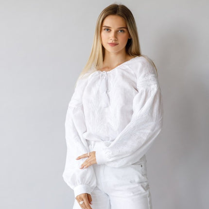 White women's blouse with embroidered wheat ears