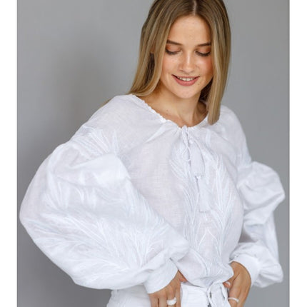 White women's blouse with embroidered wheat ears