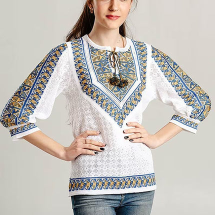 Knitted women's vyshyvanka with a yellow-blue ornament