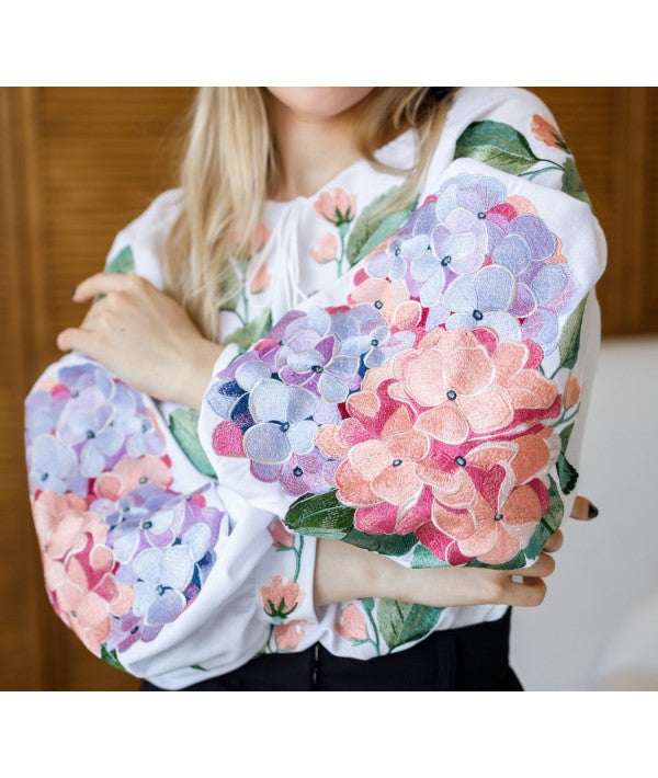 Women's embroidered blouse with hydrangeas