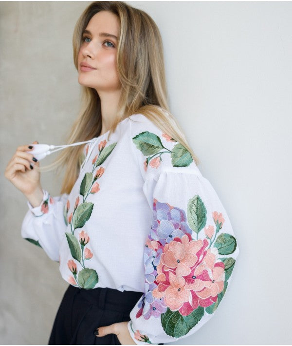Women's embroidered blouse with hydrangeas