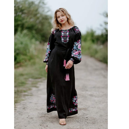 Women's black linen dress with embroidery