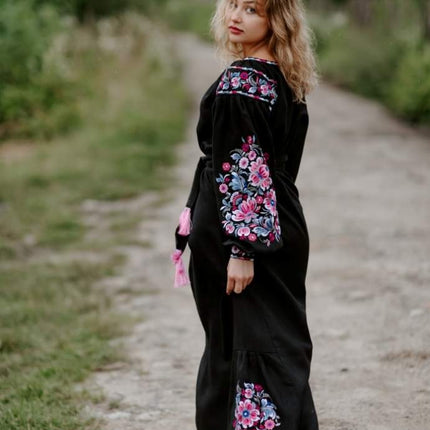 Women's black linen dress with embroidery