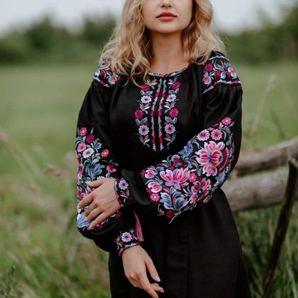 Women's black linen dress with embroidery