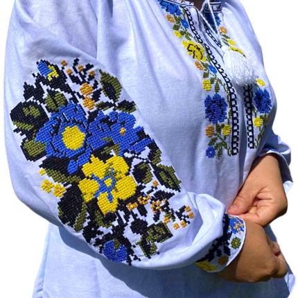 Women's embroidered blouse with blue and yellow embroidery