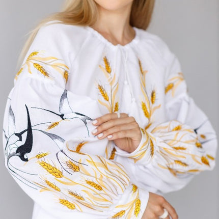 Women's embroidered blouse with swallows and ears of wheat_768656756