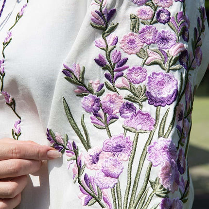 Women's linen blouse with incredible lavender-purple-lilac embroidery