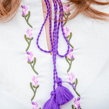 Women's linen blouse with incredible lavender-purple-lilac embroidery