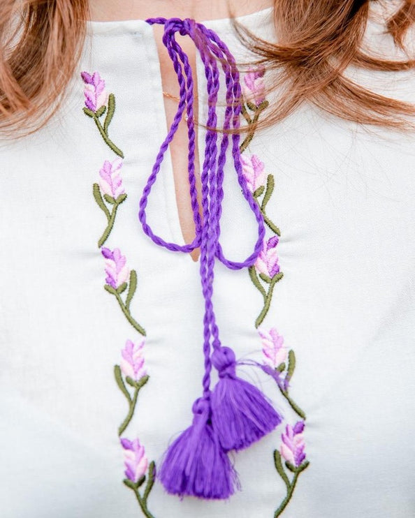 Women's linen blouse with incredible lavender-purple-lilac embroidery