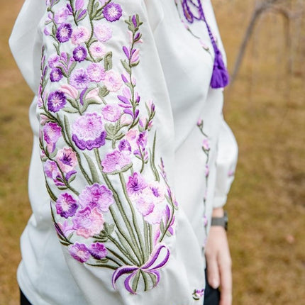 Women's linen blouse with incredible lavender-purple-lilac embroidery