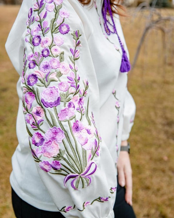 Women's linen blouse with incredible lavender-purple-lilac embroidery